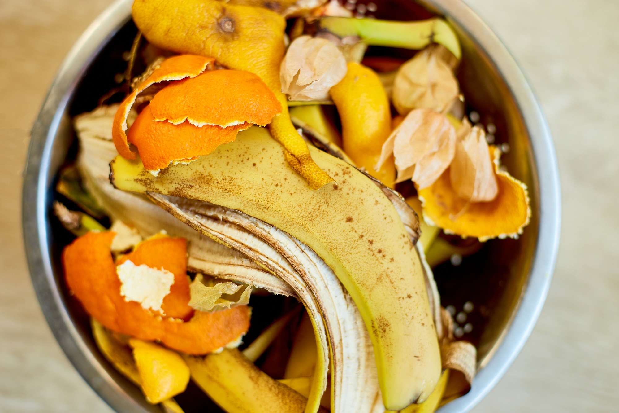 Top view of organic composting with leftover from kitchen, Recycling scraps concept